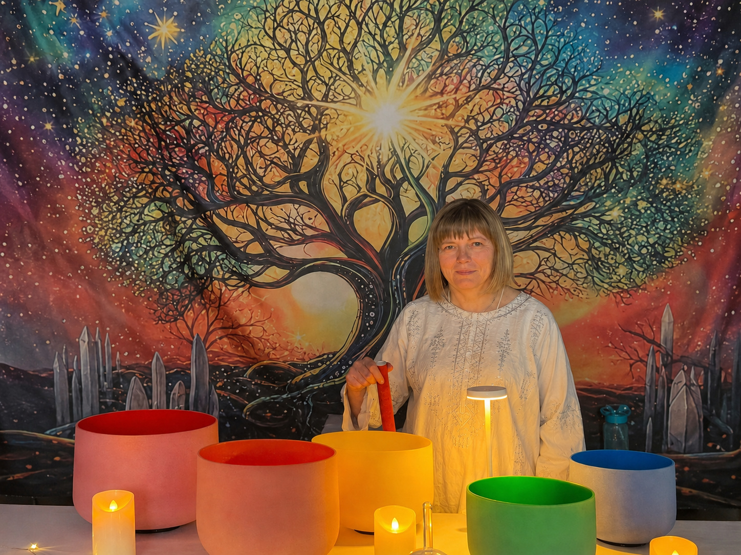 Joanne of Harmonious Hearts with her crystal singing bowls