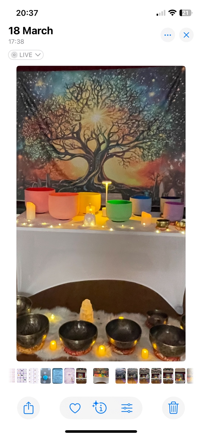 Colourful crystal singing bowls prepared for a Harmonious Hearts workshop