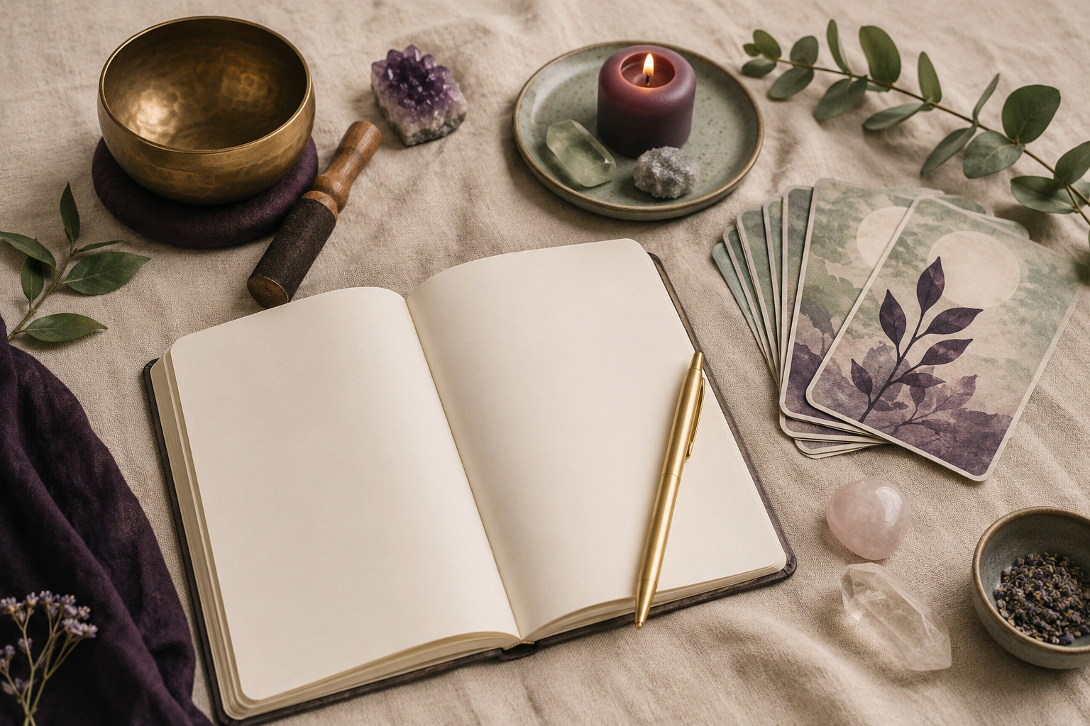 A welcoming workshop setting with journal, crystals, singing bowl, cards and candlelight